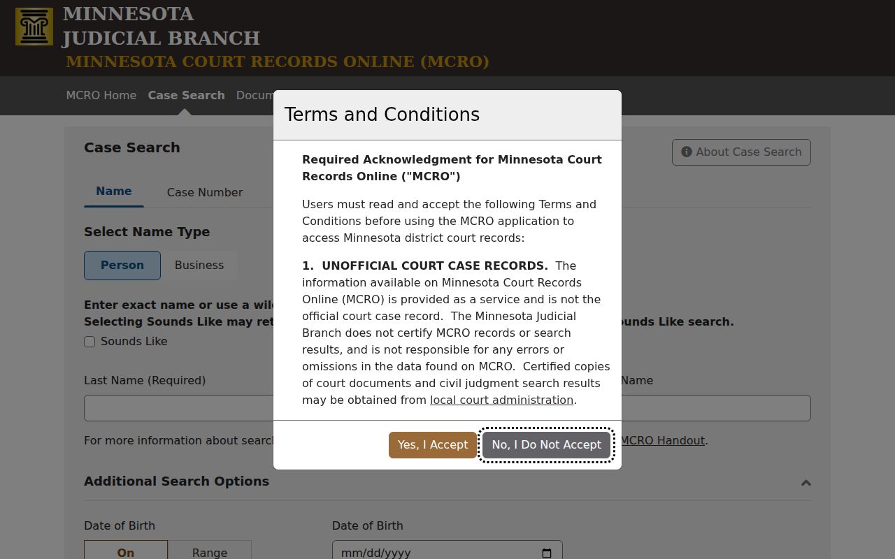 MCRO Case Search public interface