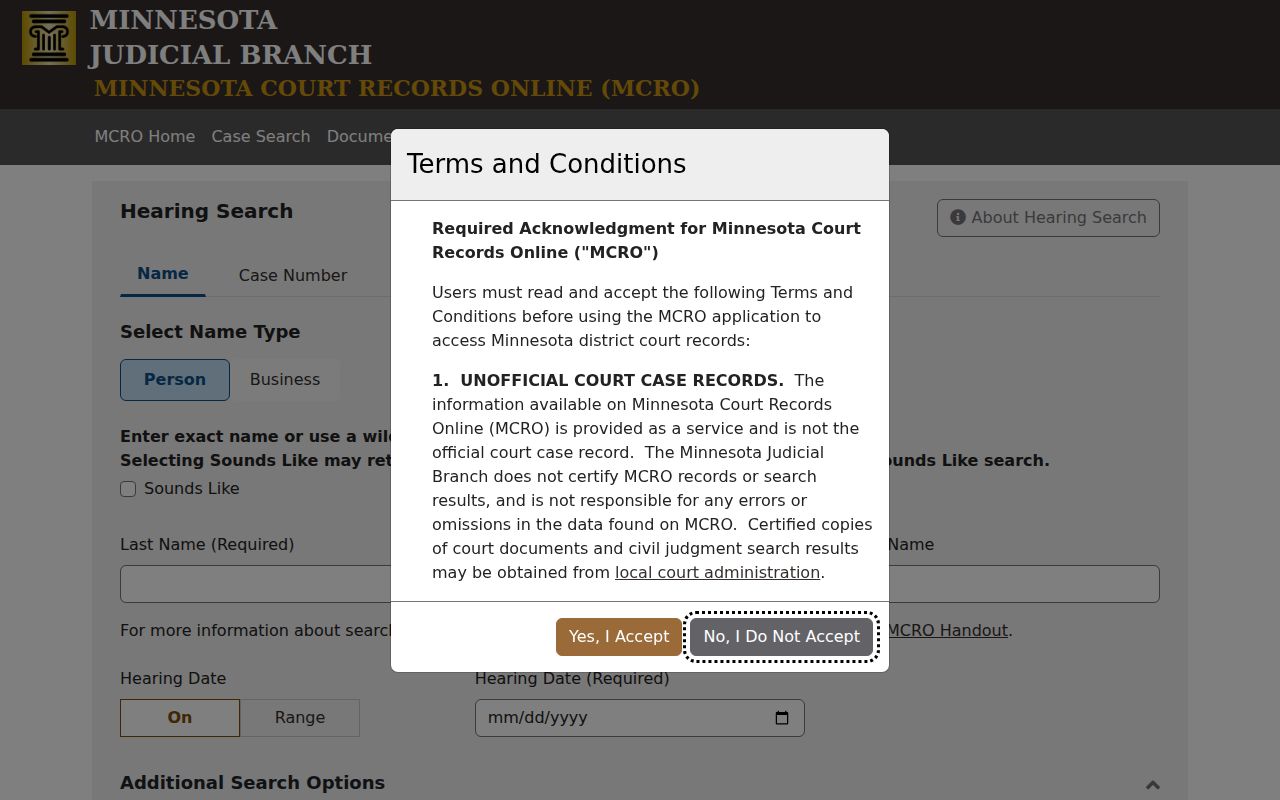 MCRO Hearing Search interface with date and county filters