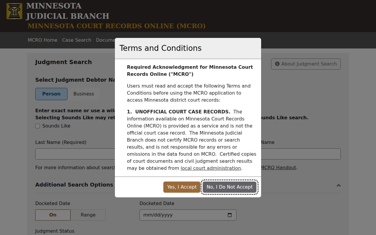 MCRO Judgment Search public interface