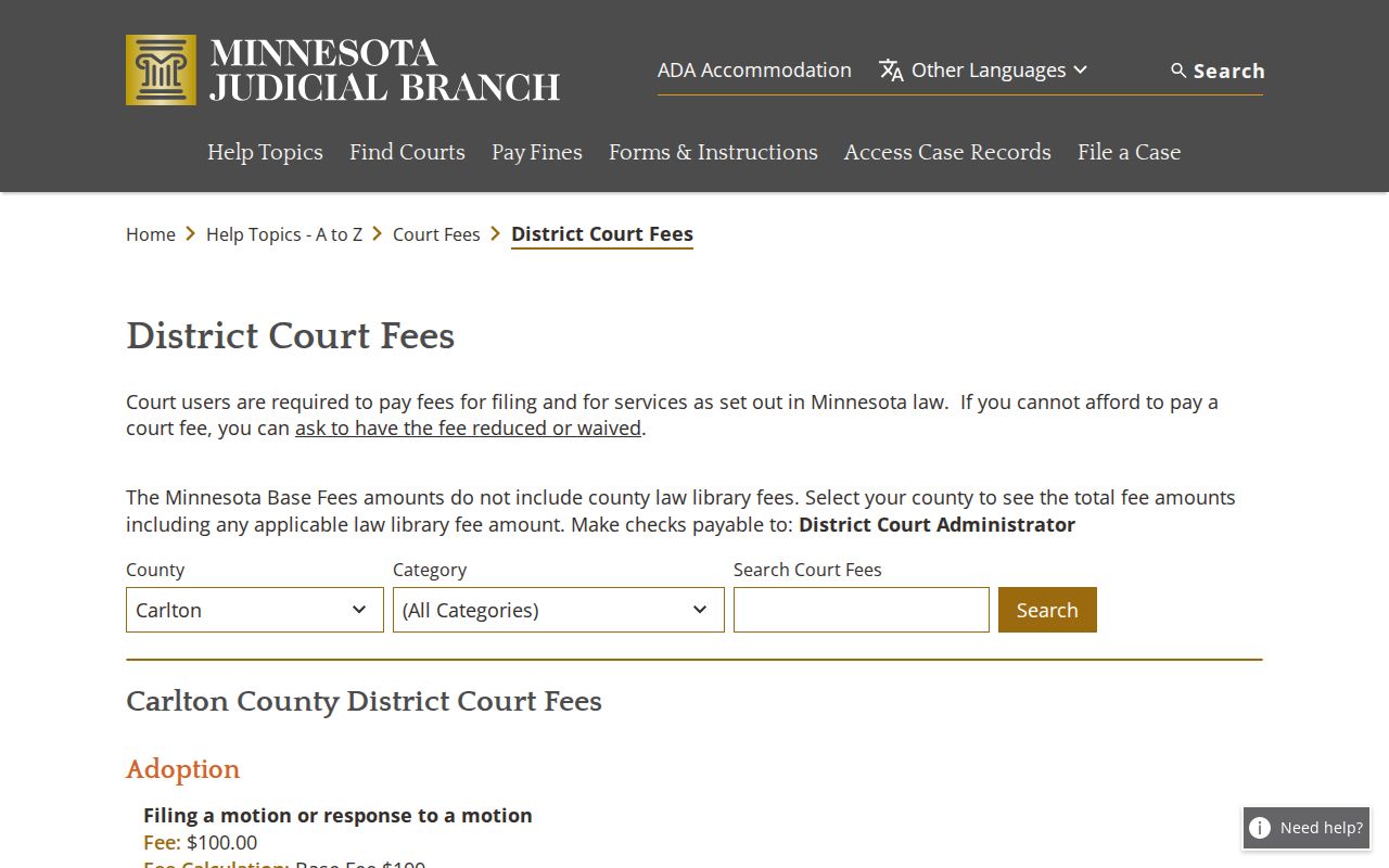 Carlton County district court fee page