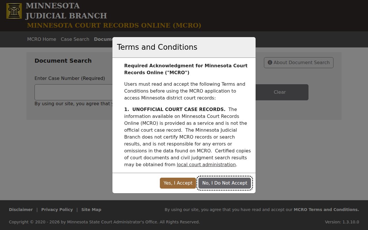 MCRO Document Search page for a complete case number