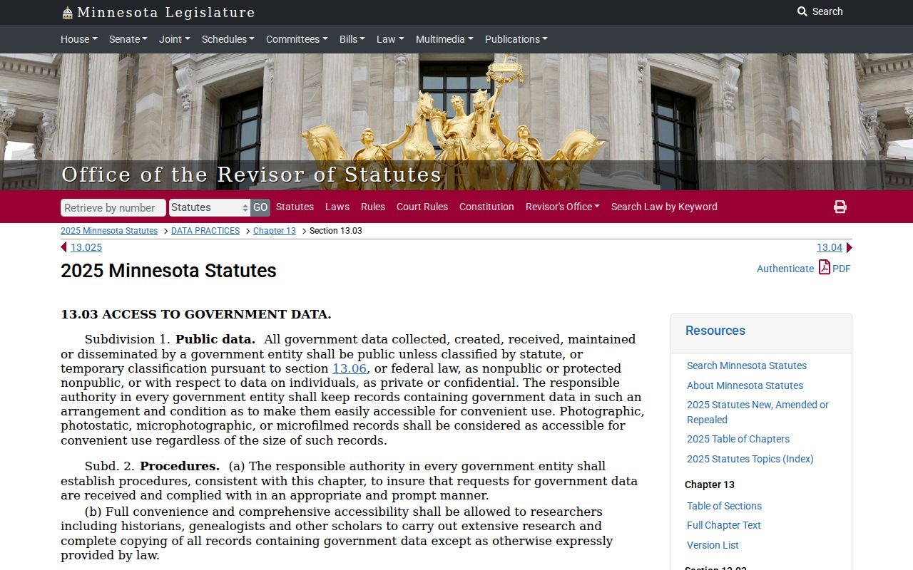 Minnesota Government Data Practices Act statute page