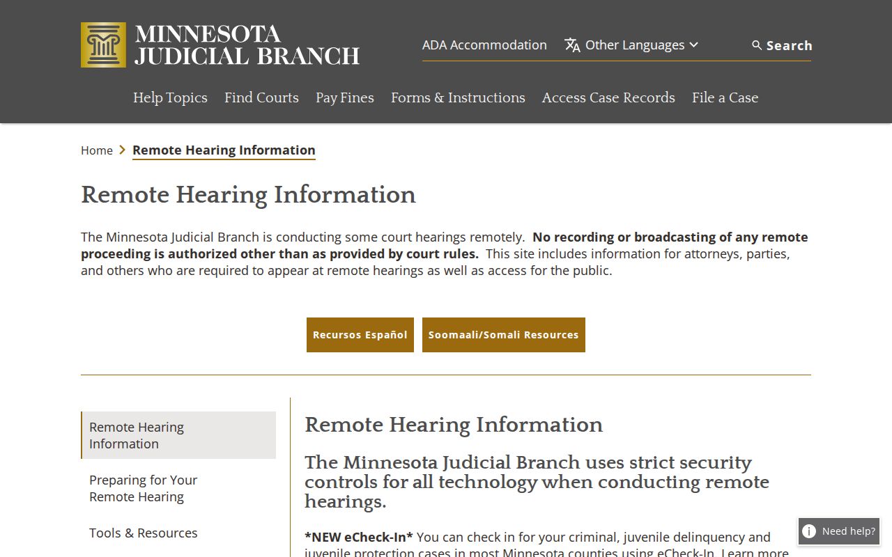 Minnesota Judicial Branch remote hearings information page