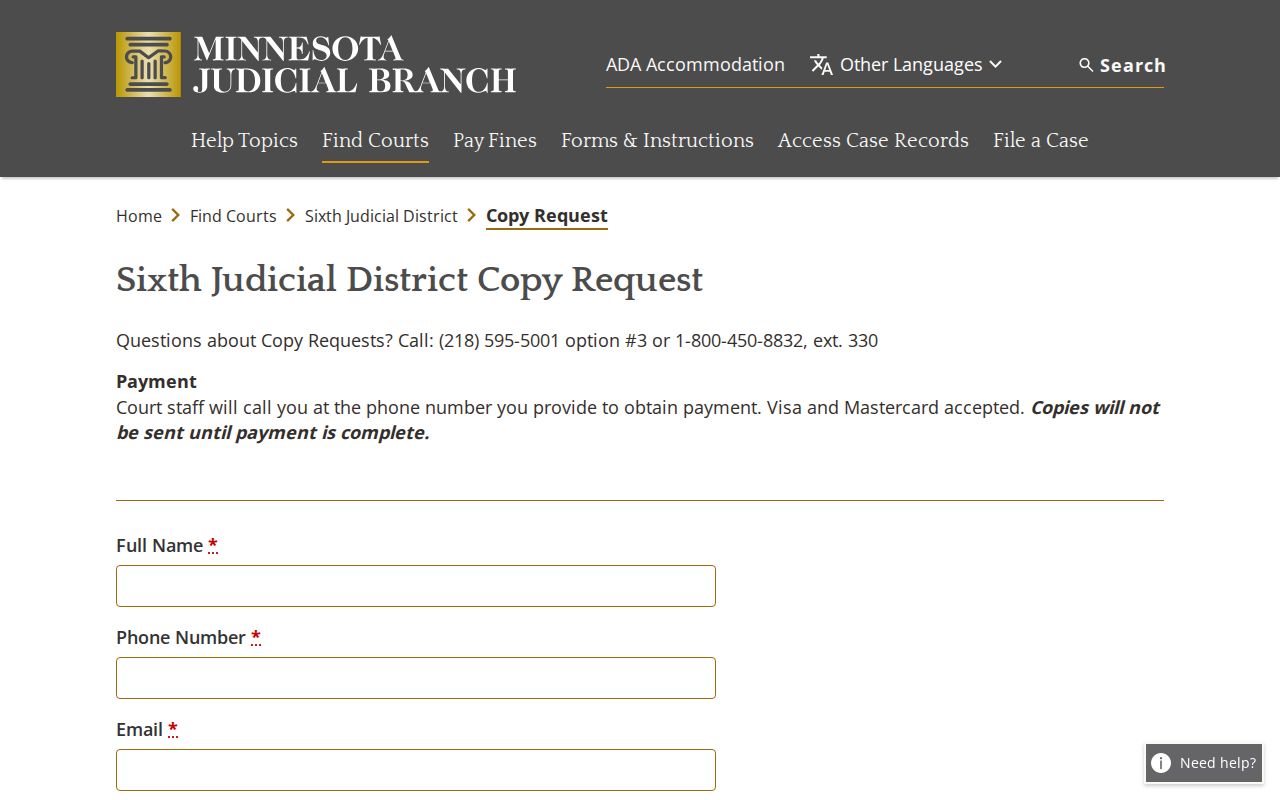 Carlton County court record public copy request form