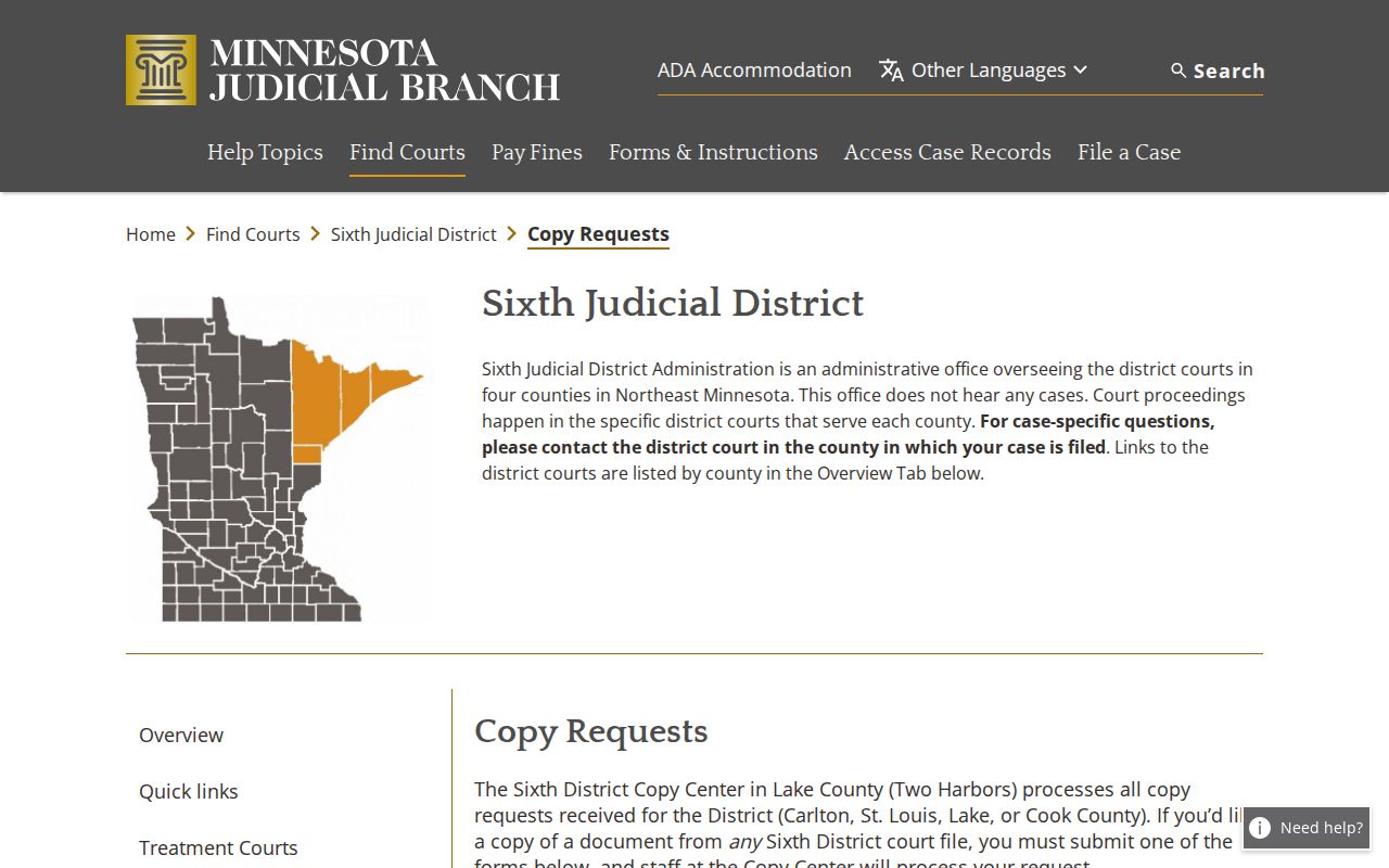 Carlton County court record copy request information from the Sixth Judicial District