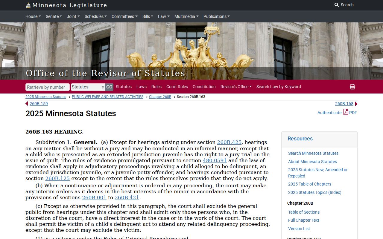 Minnesota juvenile hearing access statute page