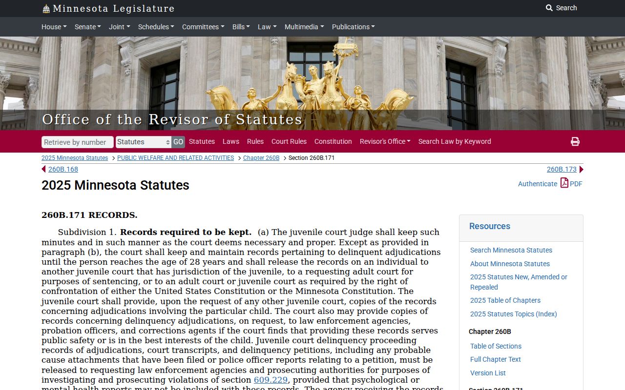 Minnesota juvenile record access statute page