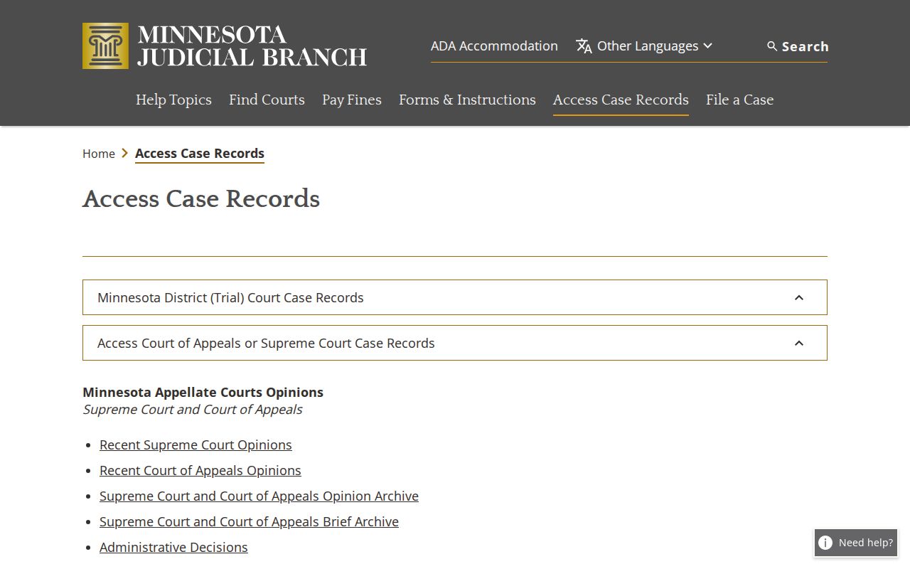 Minnesota Judicial Branch public court-record access page