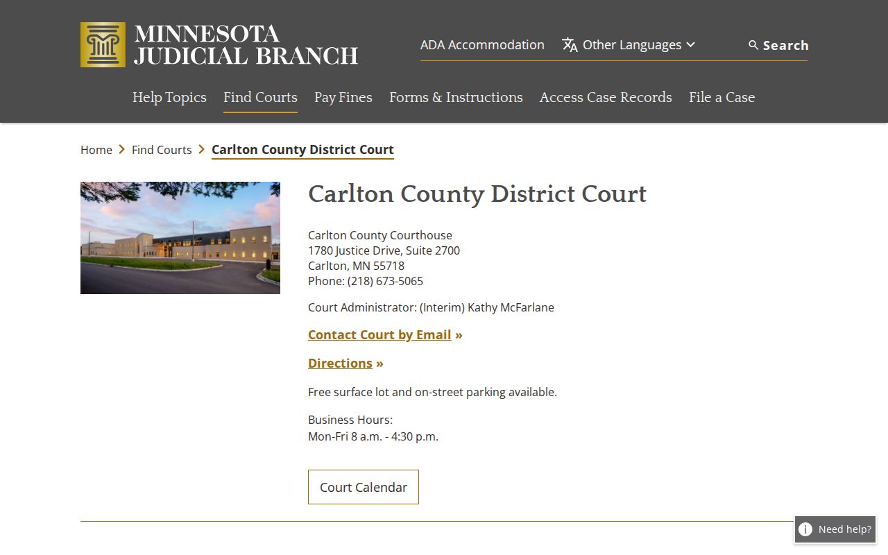 Carlton County court docket district court access page